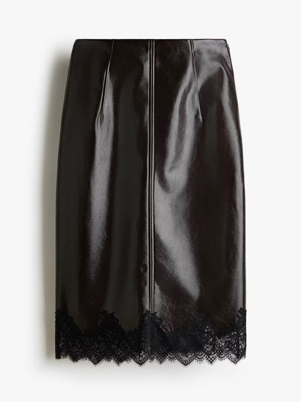 H&M Brown Faux Leather Skirt With Lace Trim Sz L NWT